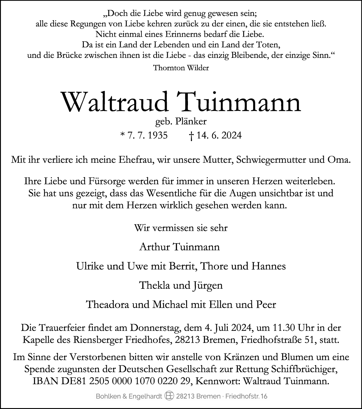 Traueranzeige von Waltraud Tuinmann von Osterholzer Kreisblatt