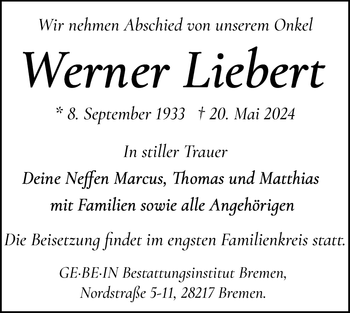Traueranzeige von Werner Liebert von WESER-KURIER
