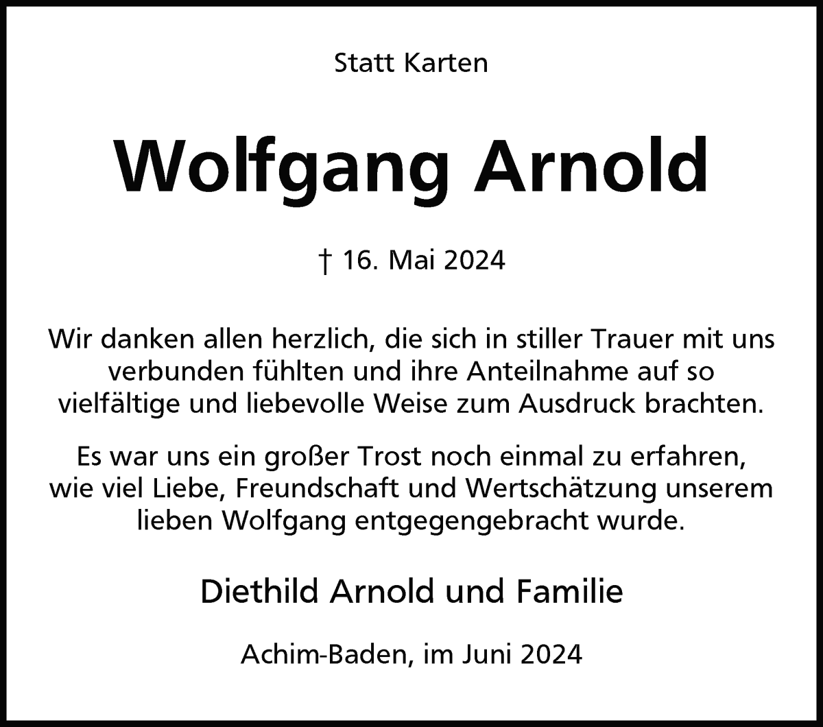 Traueranzeige von Wolfgang Arnold von Achimer Kurier/Verdener Nachrichten