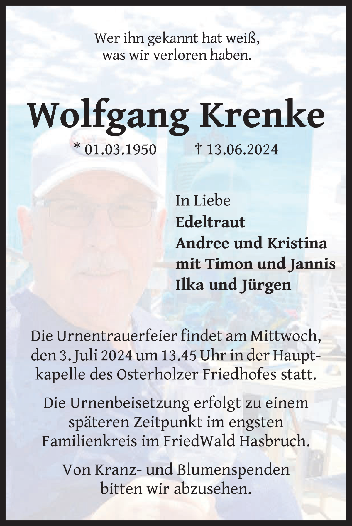 Traueranzeige von Wolfgang Krenke von WESER-KURIER