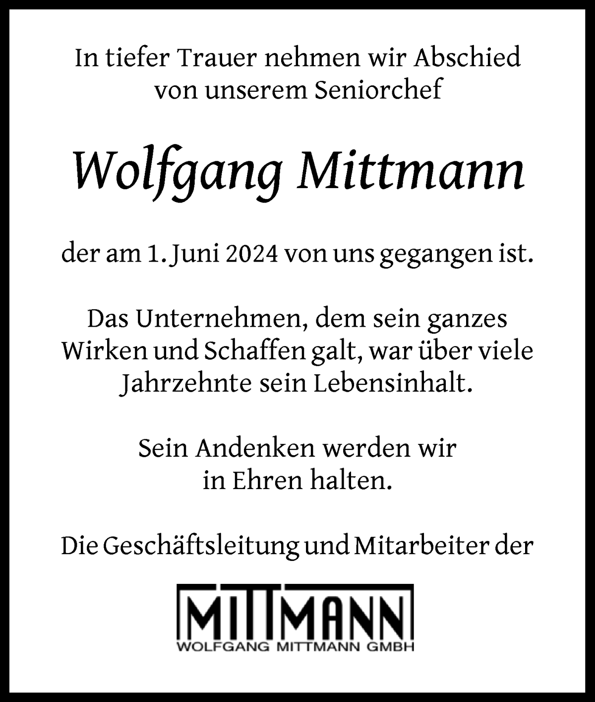 Traueranzeige von Wolfgang Mittmann von WESER-KURIER