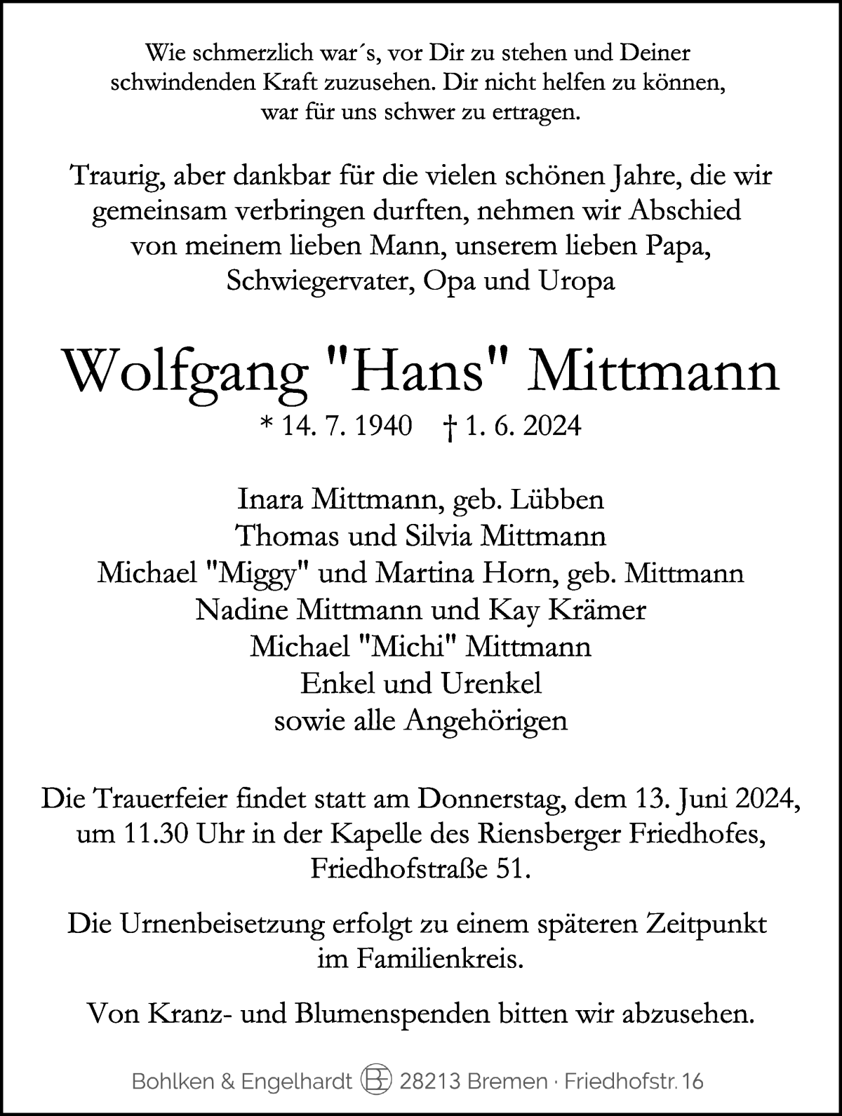 Traueranzeige von Wolfgang Mittmann von WESER-KURIER