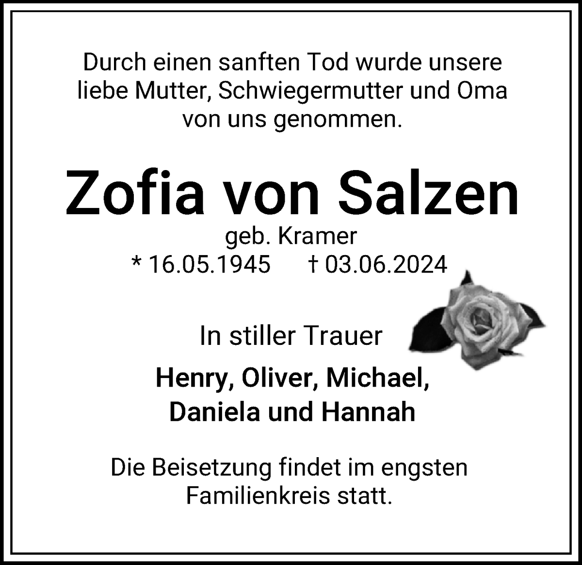 Traueranzeige von Zofia von Salzen von WESER-KURIER