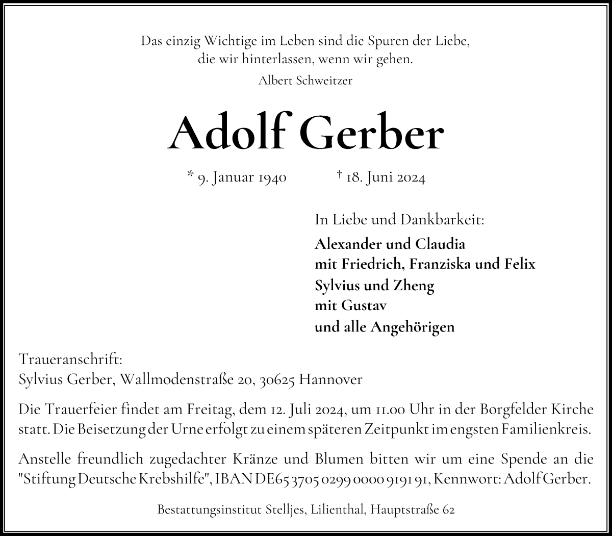 Traueranzeige von Adolf Gerber von Wuemme Zeitung