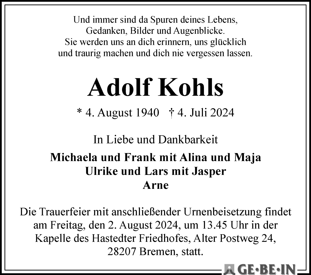 Traueranzeige von Adolf Kohls von WESER-KURIER