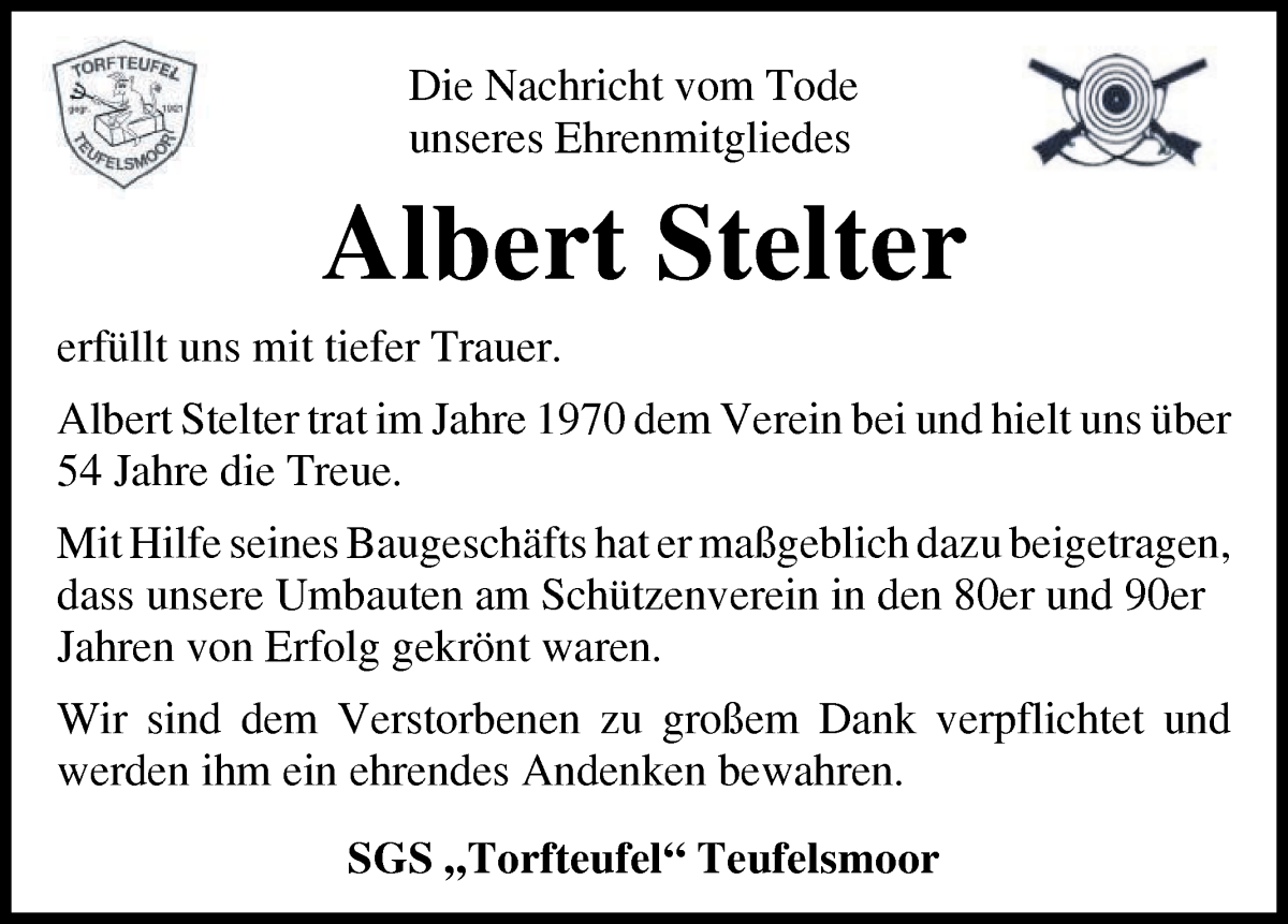 Traueranzeige von Albert Stelter von Osterholzer Kreisblatt
