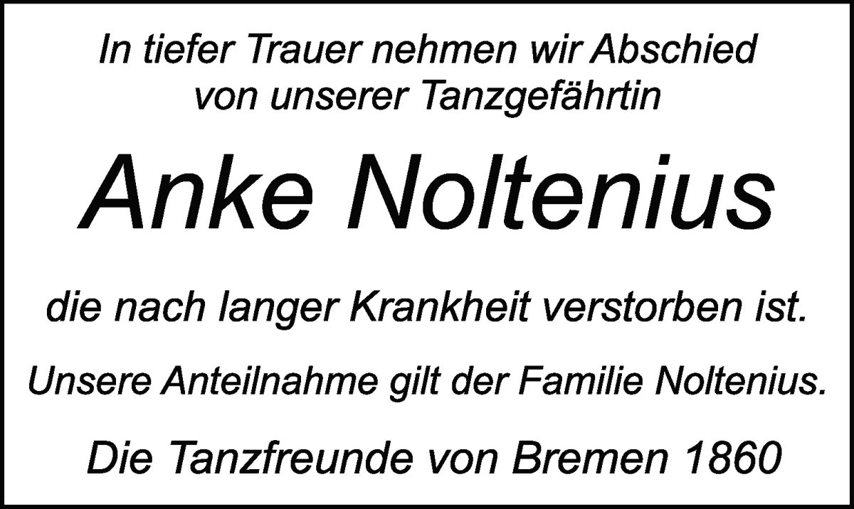Traueranzeige von Anke Noltenius von WESER-KURIER