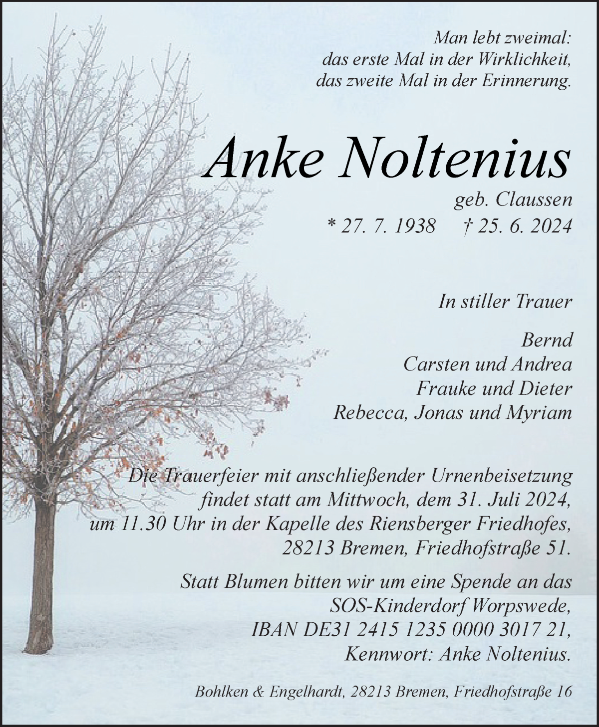 Traueranzeige von Anke Noltenius von WESER-KURIER