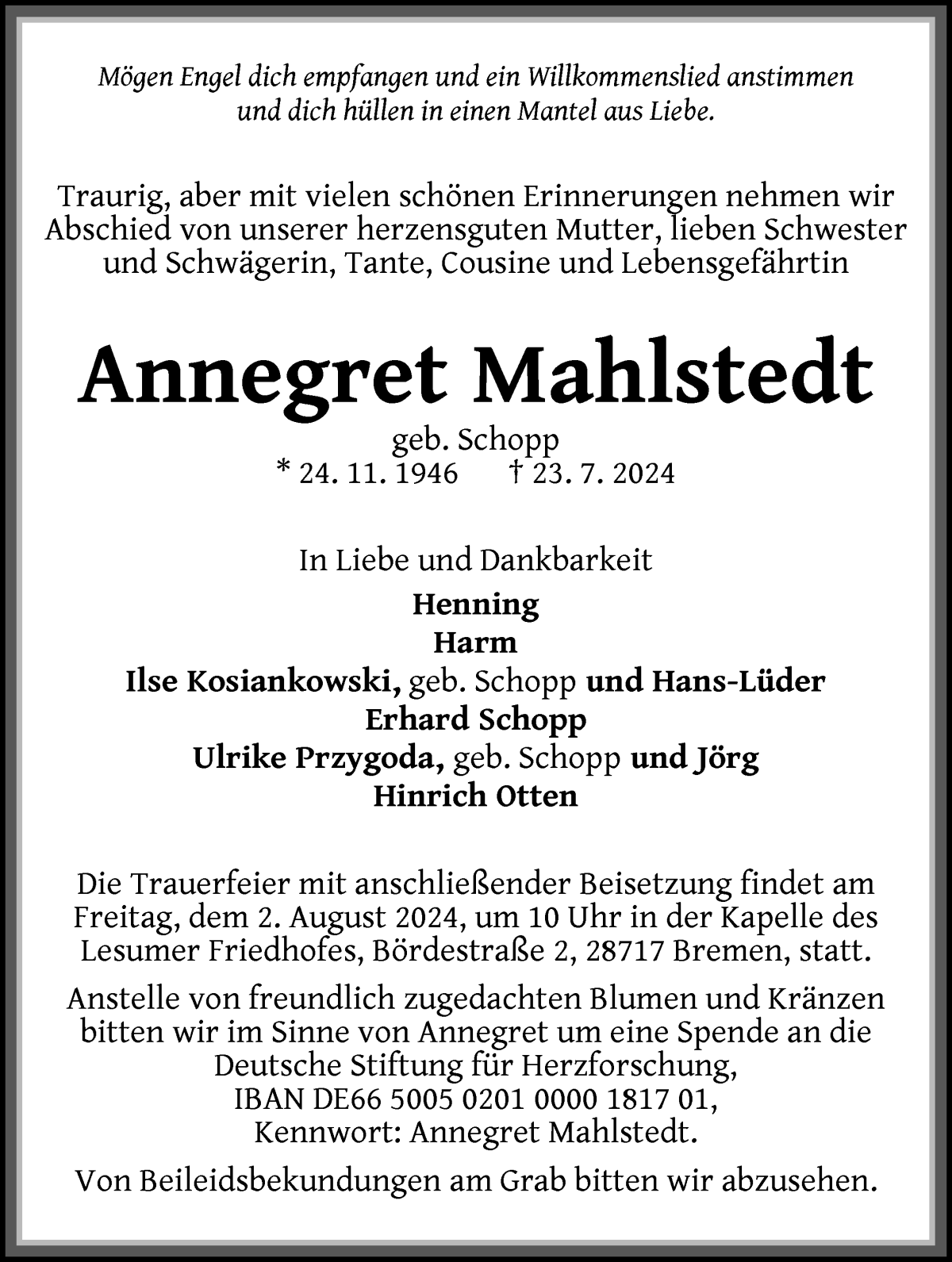 Traueranzeige von Annegret Mahlstedt von WESER-KURIER
