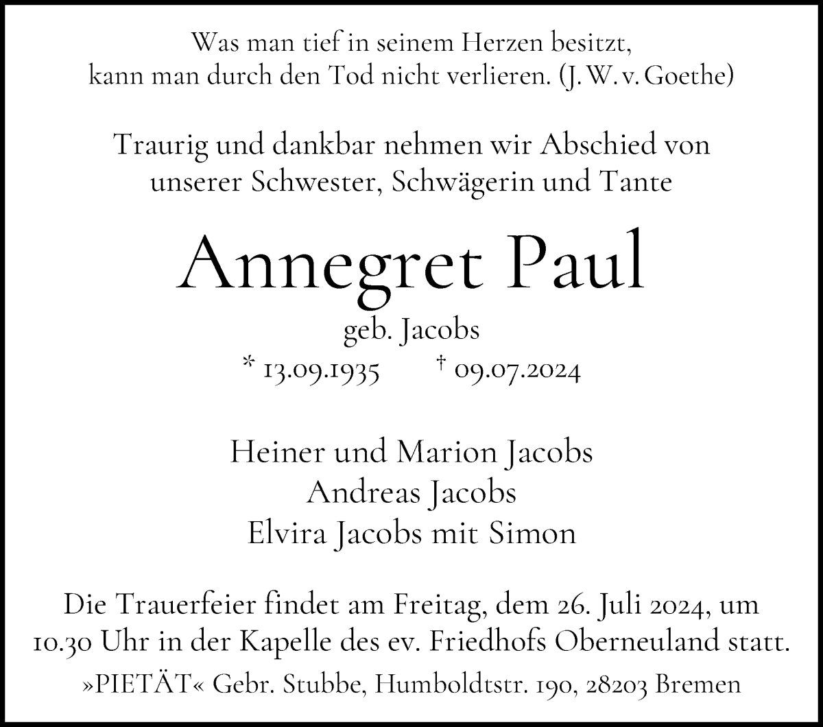 Traueranzeige von Annegret Paul von WESER-KURIER
