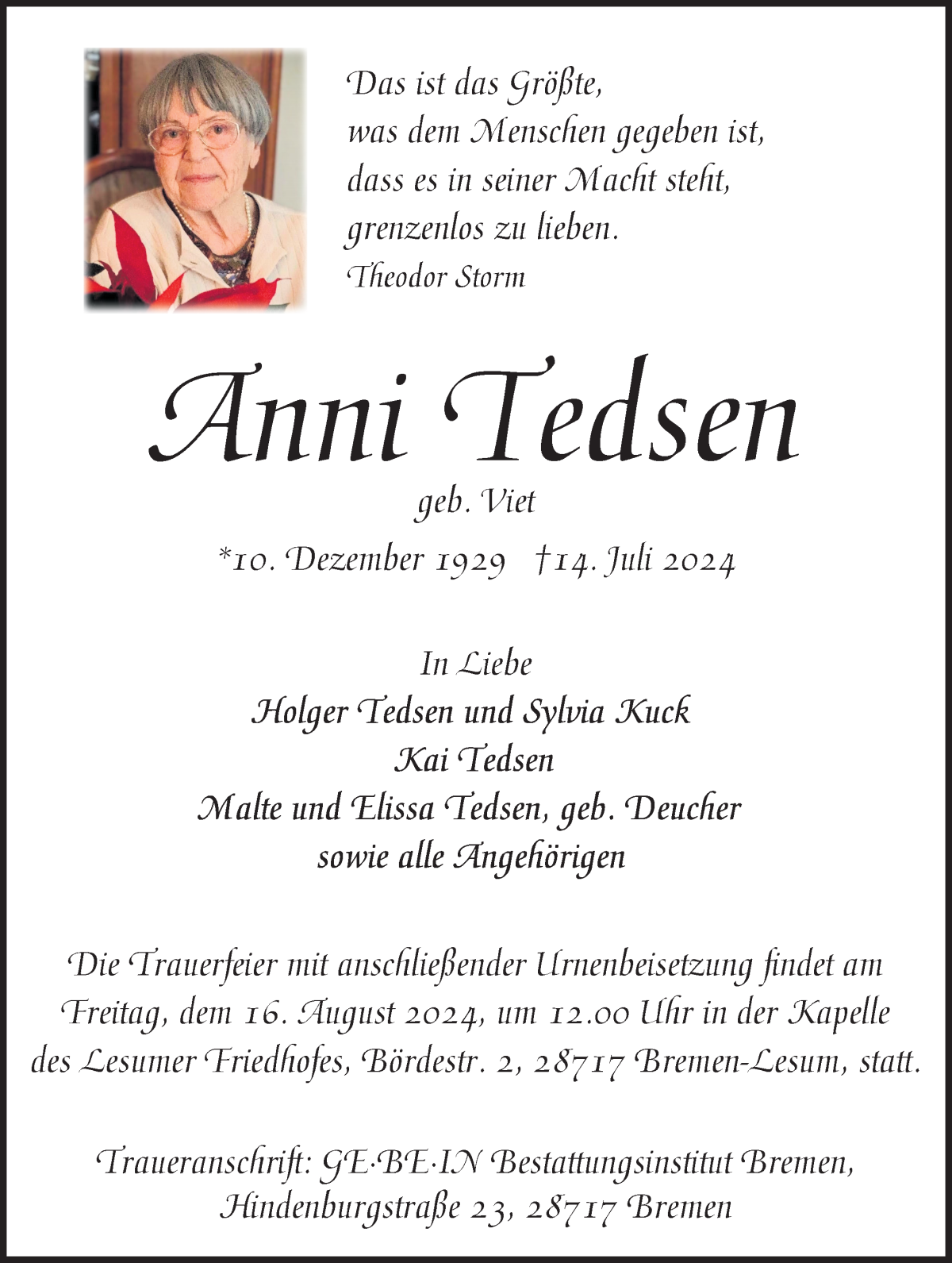 Traueranzeige von Anni Tedsen von Die Norddeutsche