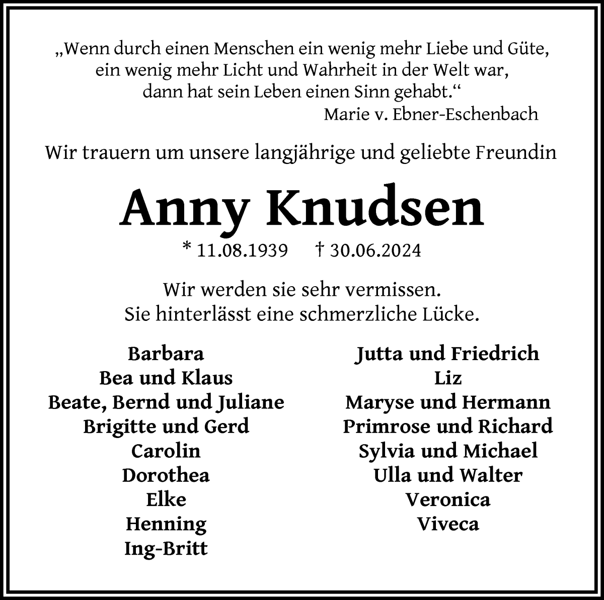 Traueranzeige von Anny Knudsen von WESER-KURIER