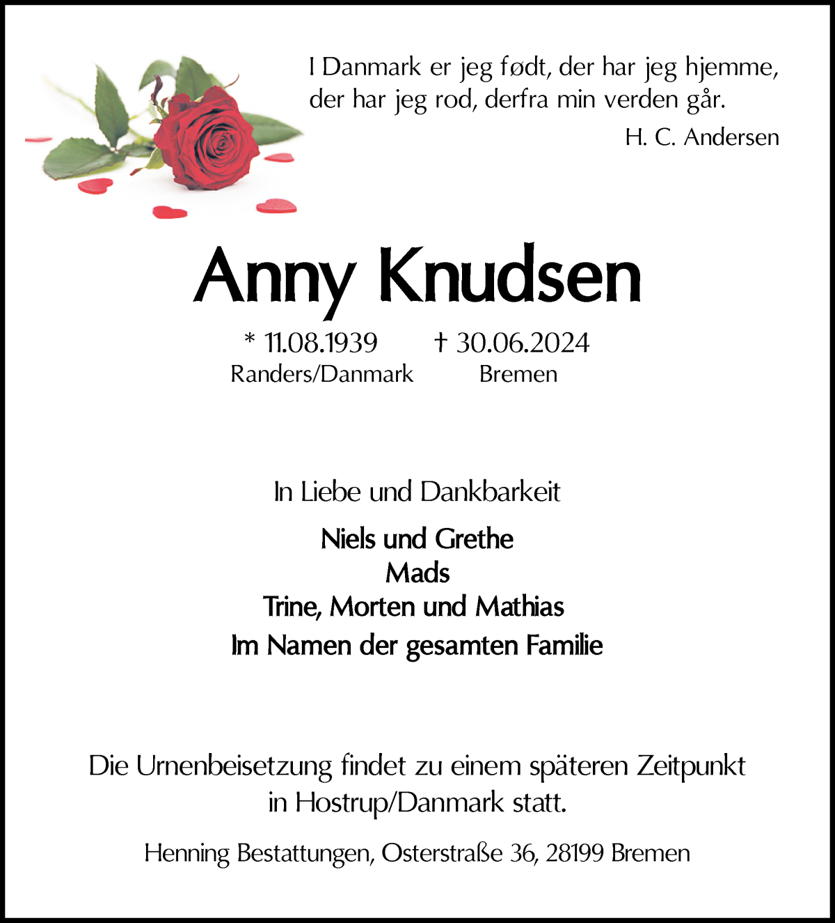 Traueranzeige von Anny Knudsen von WESER-KURIER