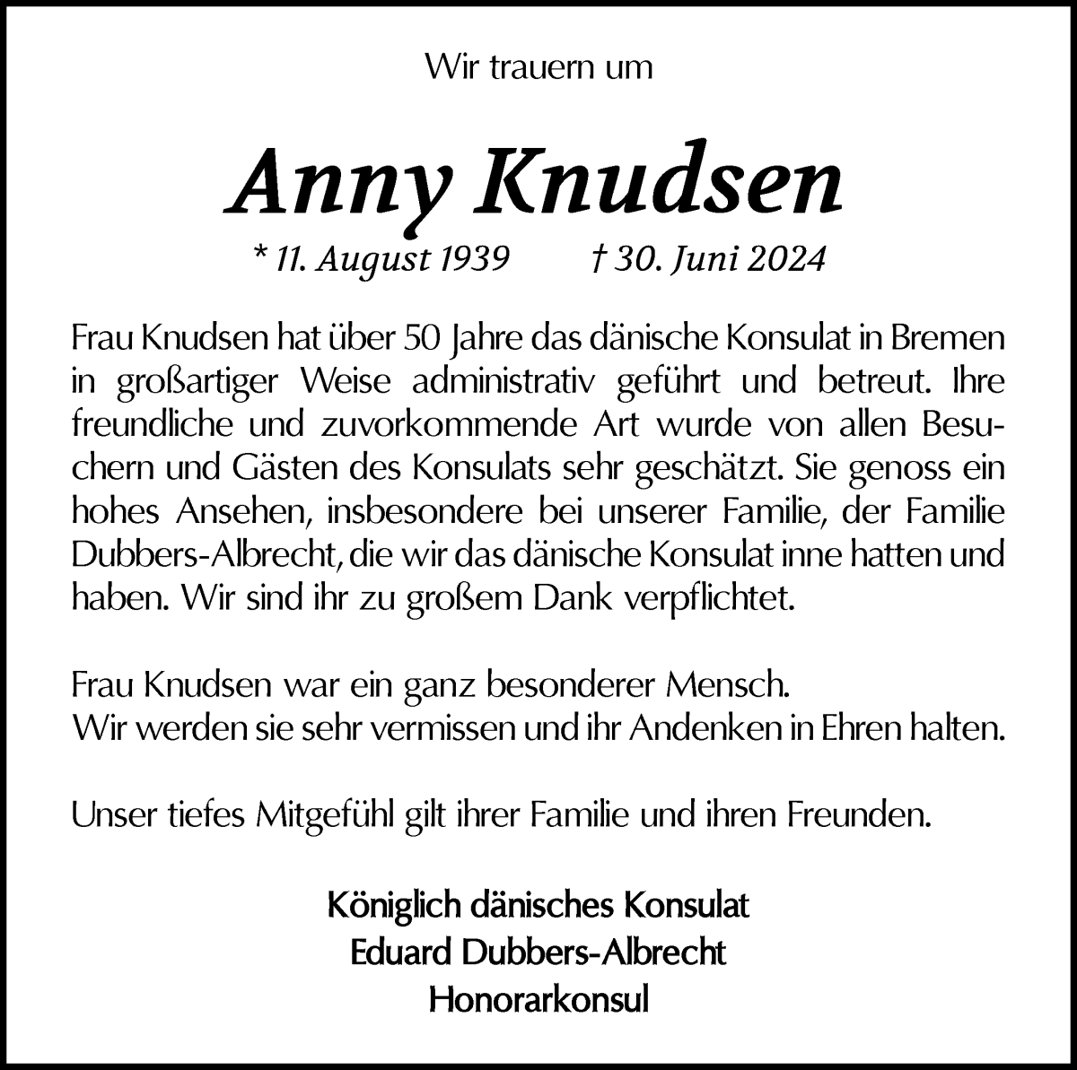 Traueranzeige von Anny Knudsen von WESER-KURIER