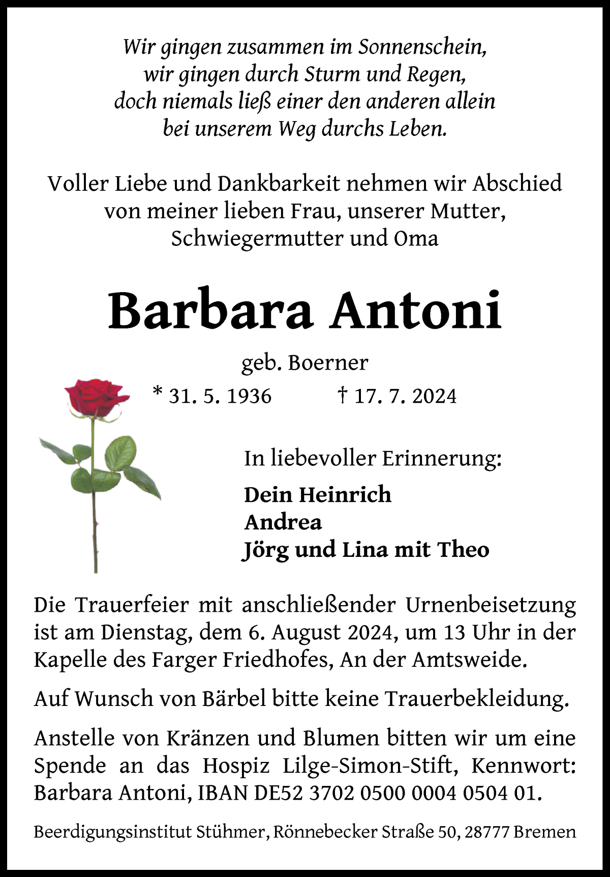 Traueranzeige von Barbara Antoni von Die Norddeutsche