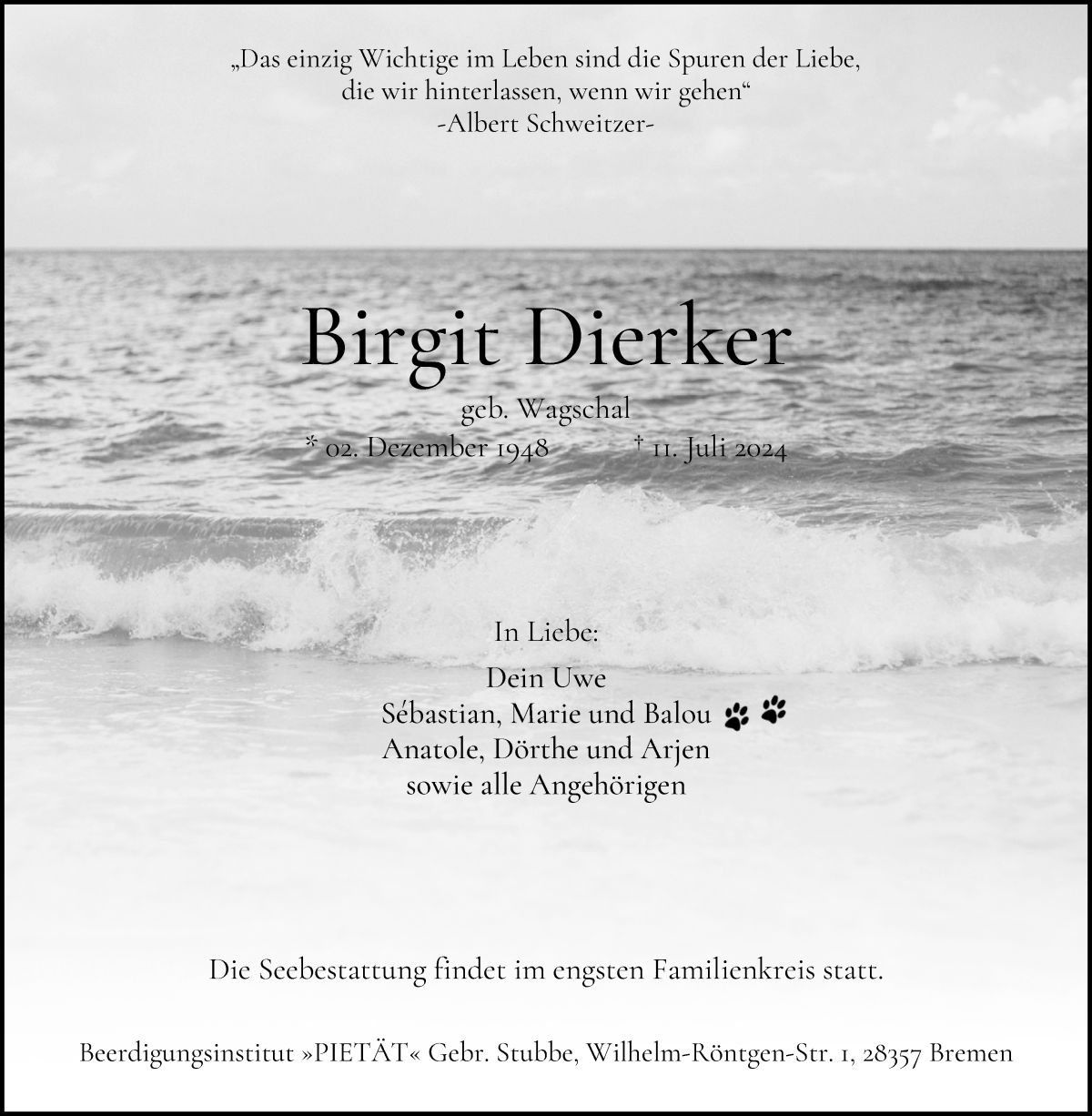 Traueranzeige von Birgit Dierker von WESER-KURIER