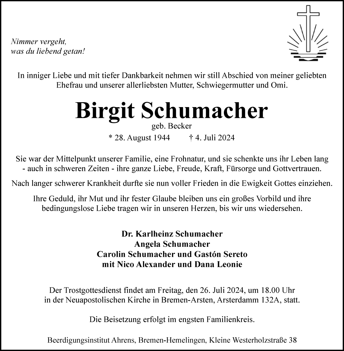 Traueranzeige von Birgit Schumacher von WESER-KURIER