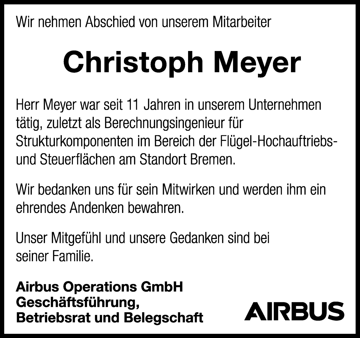 Traueranzeige von Christoph Meyer von WESER-KURIER