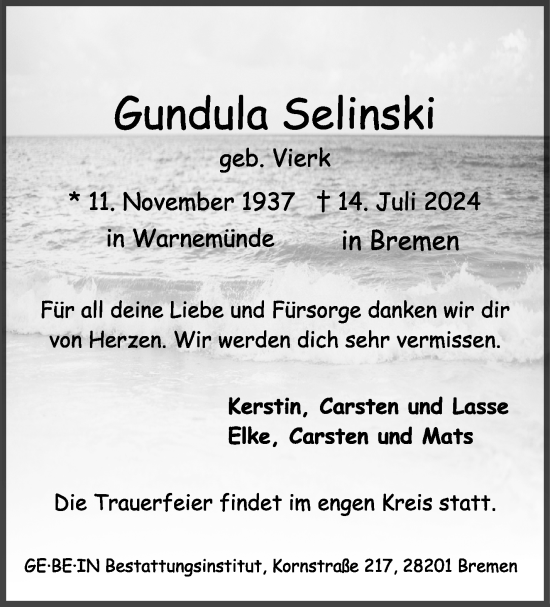 Traueranzeige von Gundula Selinski von WESER-KURIER Gesamtausgabe