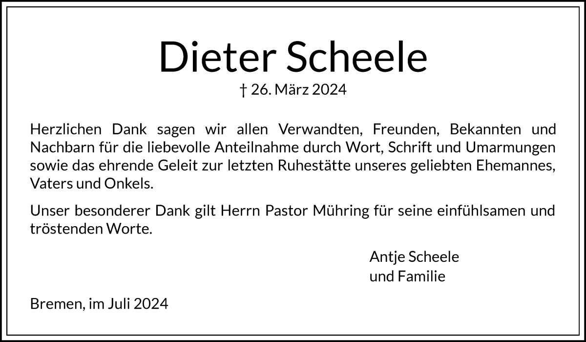 Traueranzeige von Dieter Scheele von WESER-KURIER