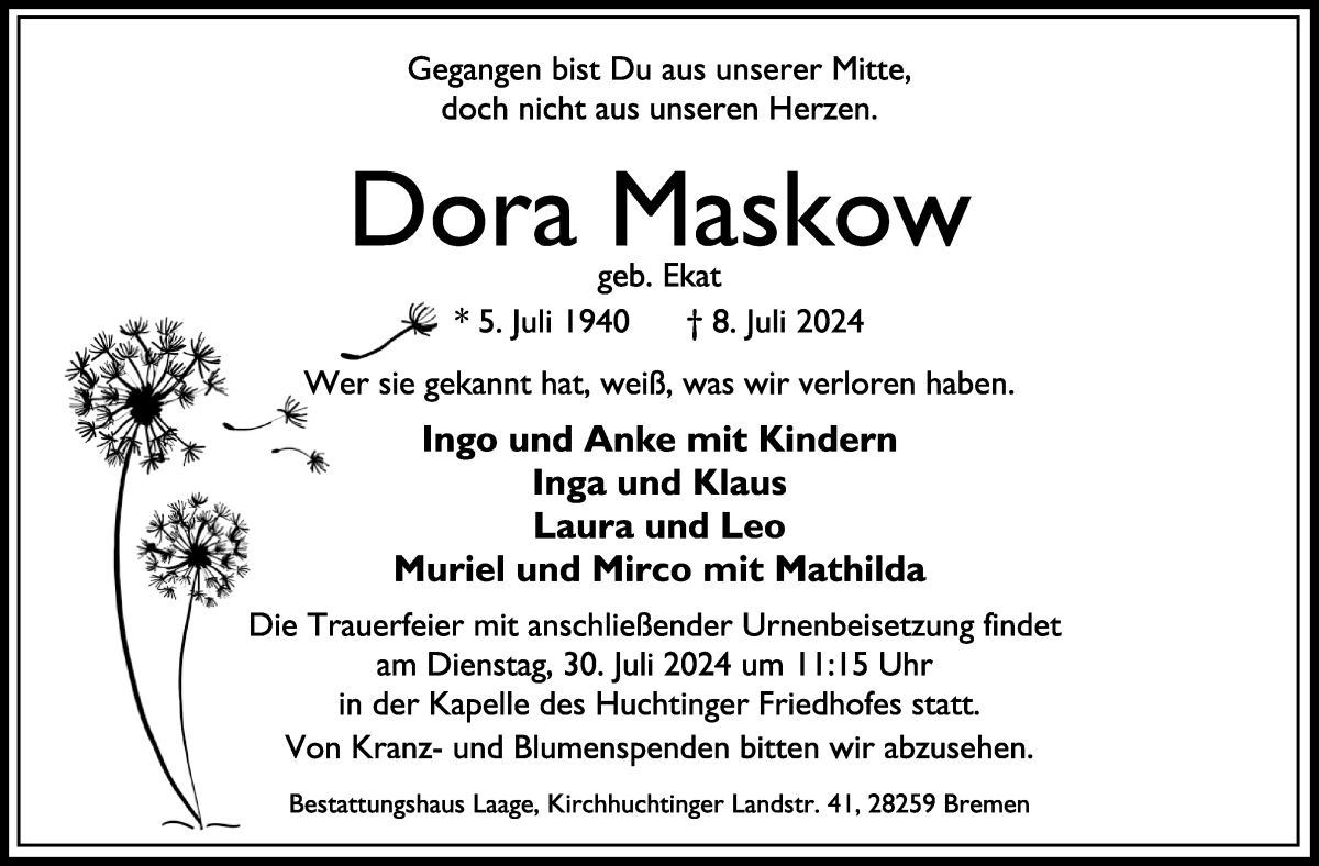 Traueranzeige von Dora Maskow von WESER-KURIER