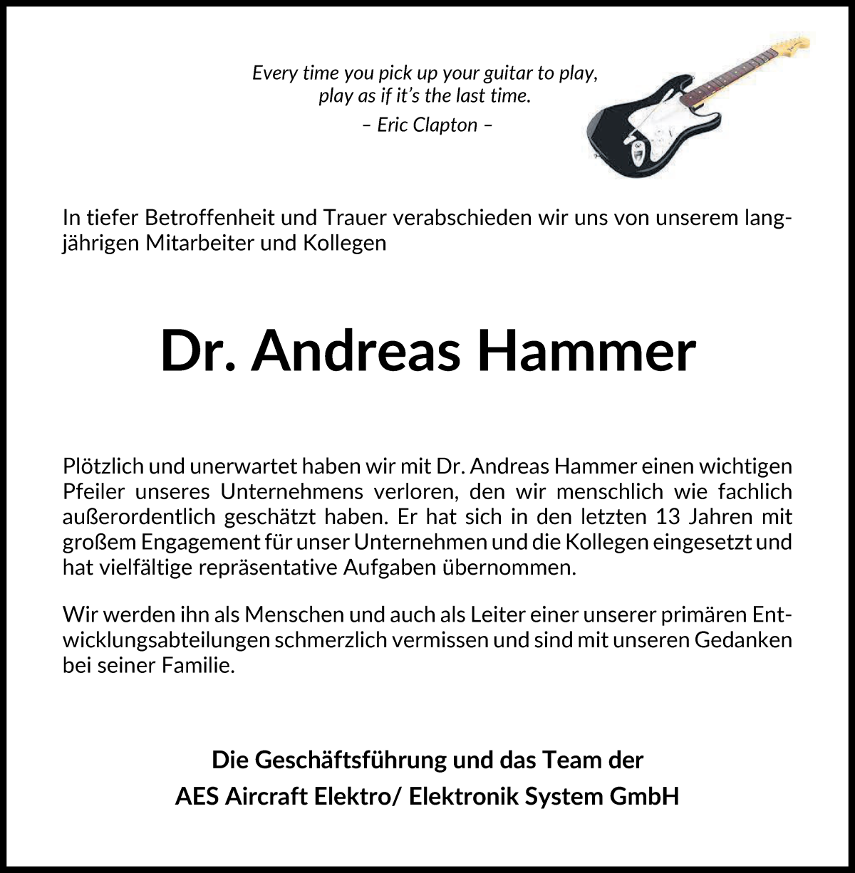 Traueranzeige von Dr. Andreas Hammer von WESER-KURIER