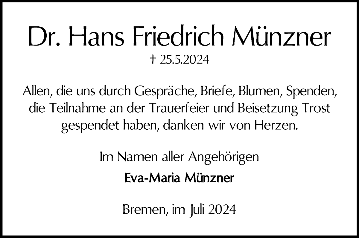 Traueranzeige von Dr. Hans Friedrich Münzner von WESER-KURIER