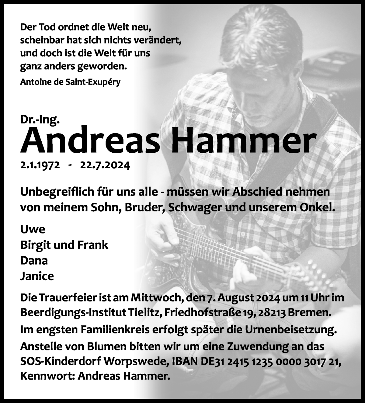 Traueranzeige von Dr. Ing. Andreas Hammer von WESER-KURIER