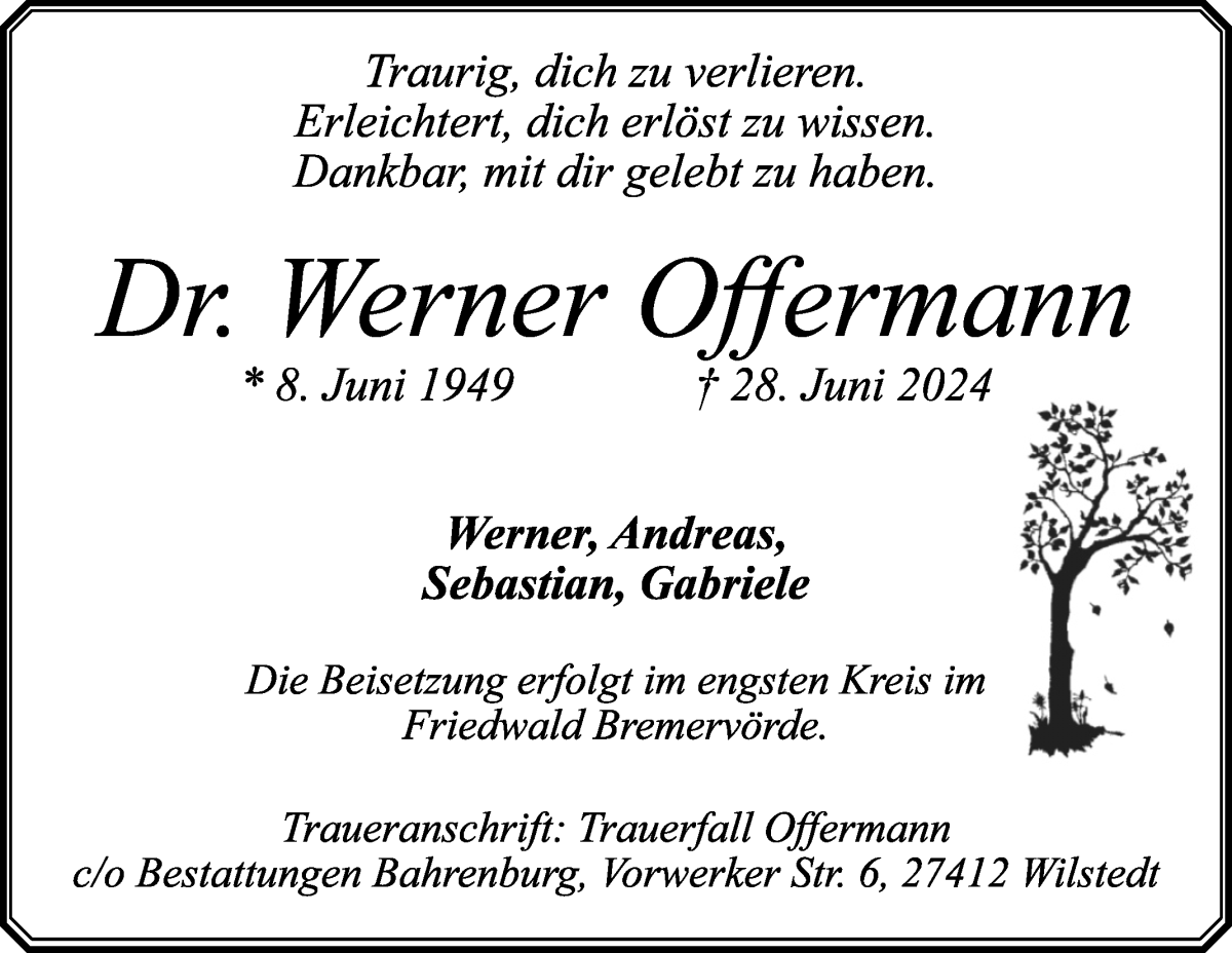 Traueranzeige von Dr. Werner Offermann von Wuemme Zeitung