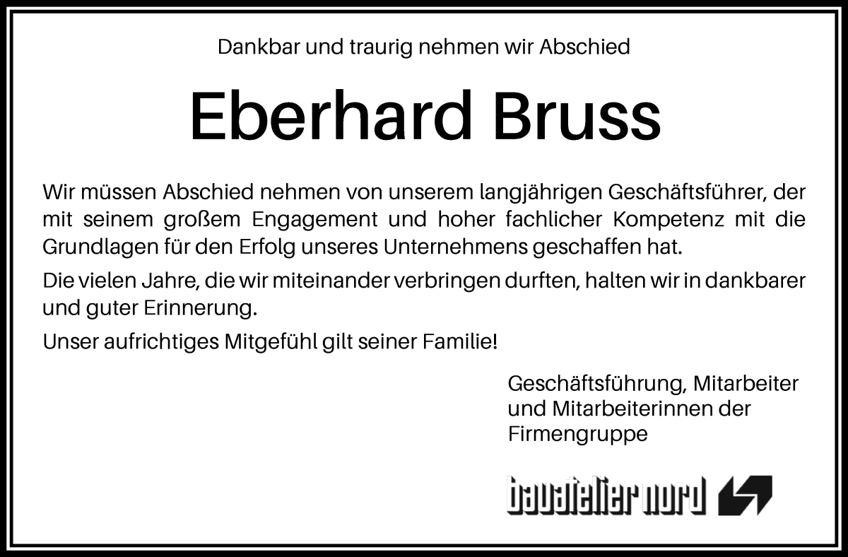 Traueranzeige von Eberhard Bruss von WESER-KURIER