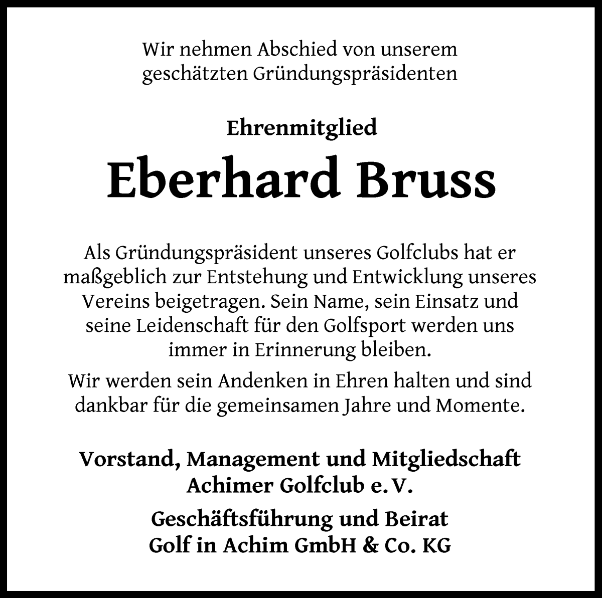 Traueranzeige von Eberhard Bruss von WESER-KURIER
