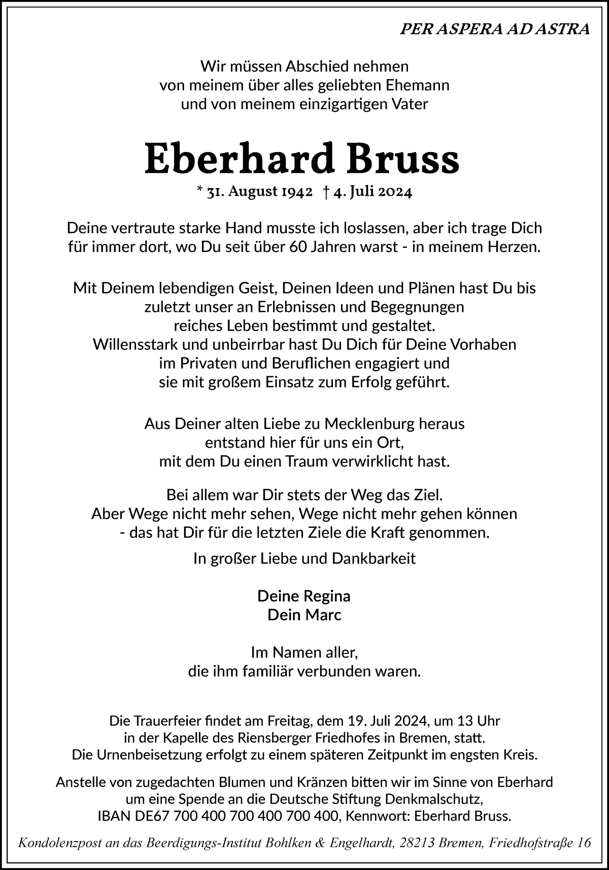 Traueranzeige von Eberhard Bruss von Achimer Kurier/Verdener Nachrichten