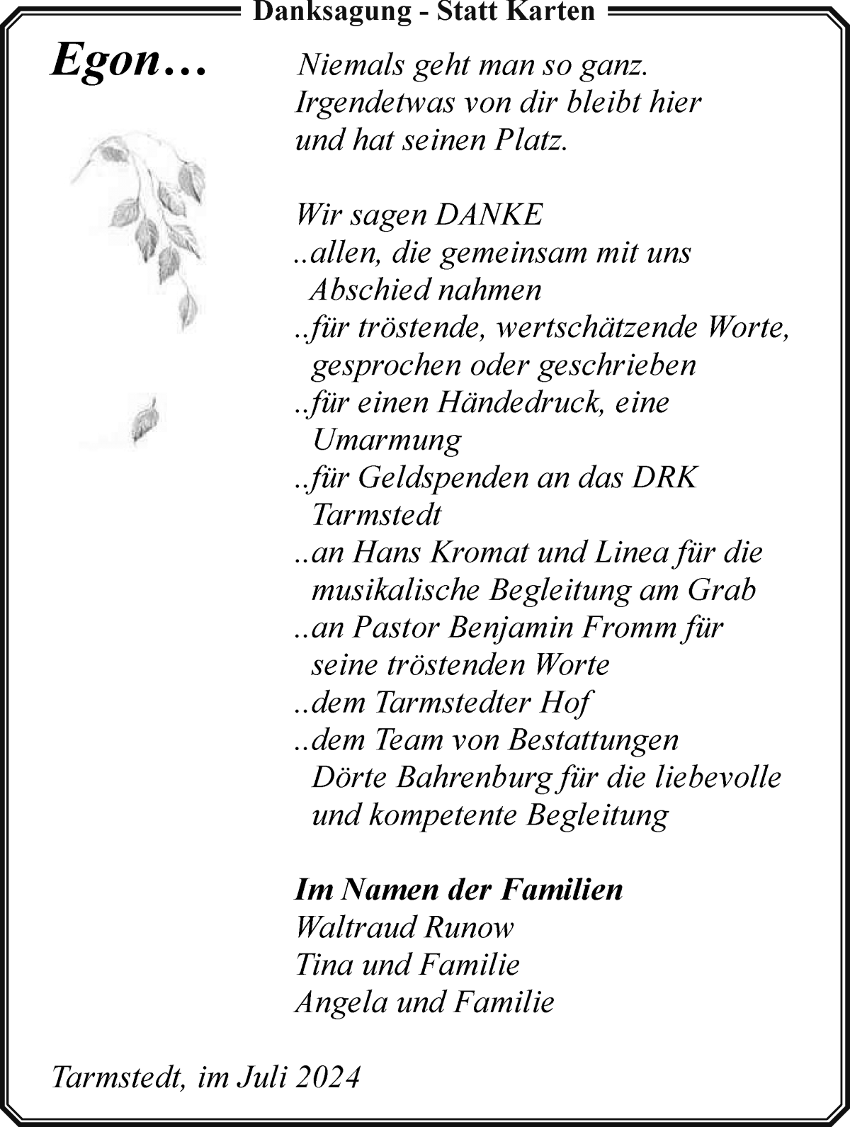Traueranzeige von Egon Runow von WESER-KURIER