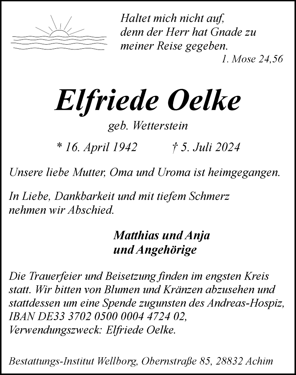 Traueranzeige von Elfriede Oelke von WESER-KURIER