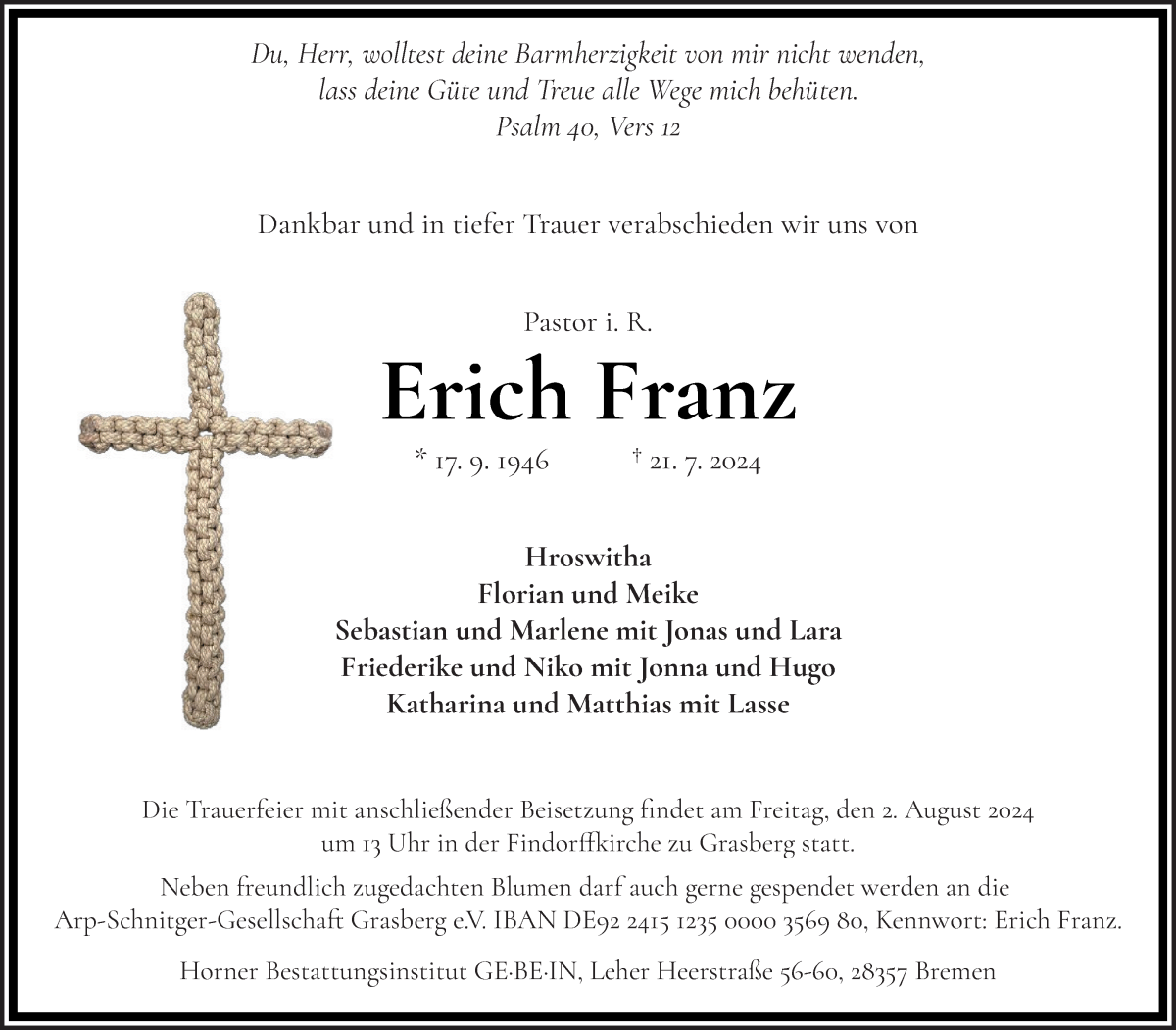 Traueranzeige von Erich Franz von Wuemme Zeitung