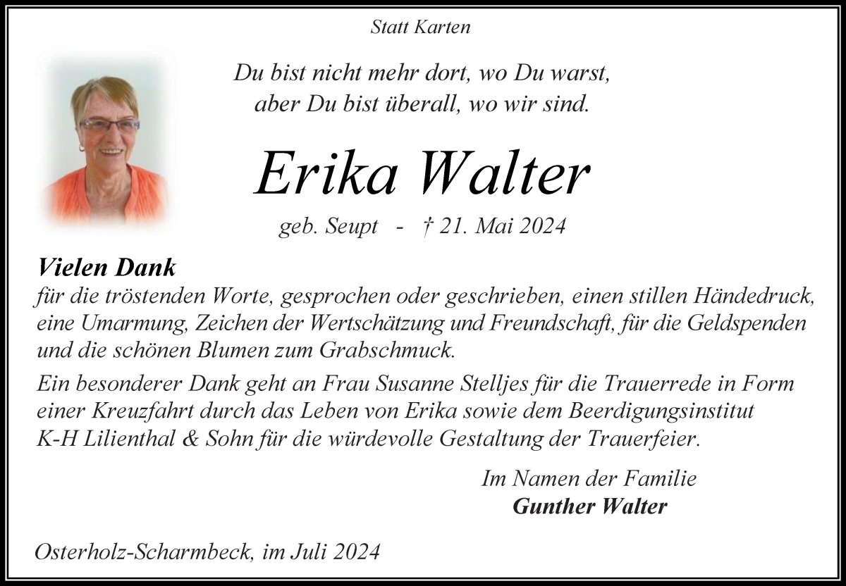 Traueranzeige von Erika Walter von Osterholzer Kreisblatt