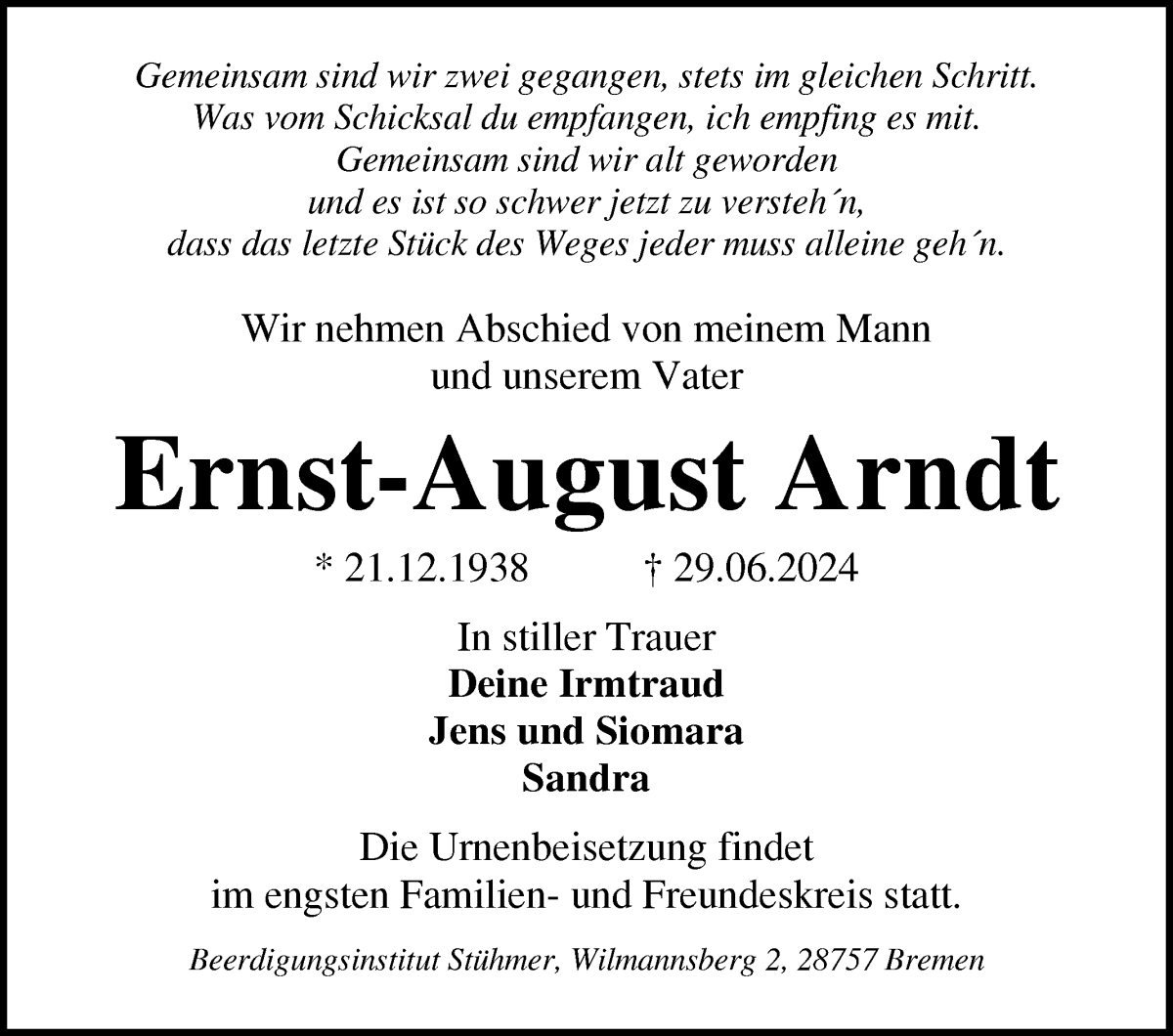 Traueranzeige von Ernst-August Arndt von WESER-KURIER