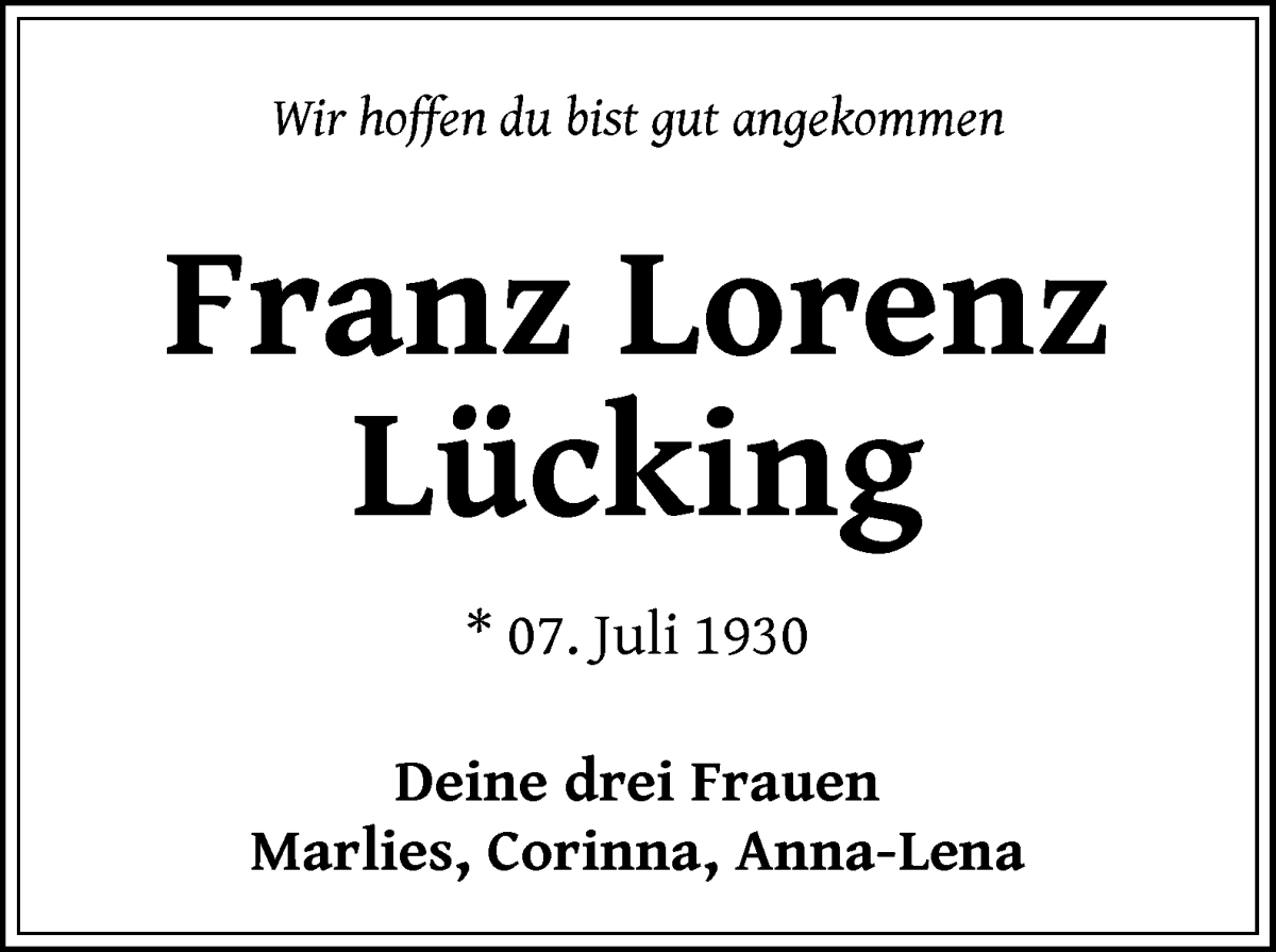 Traueranzeige von Franz Lorenz Lücking von WESER-KURIER