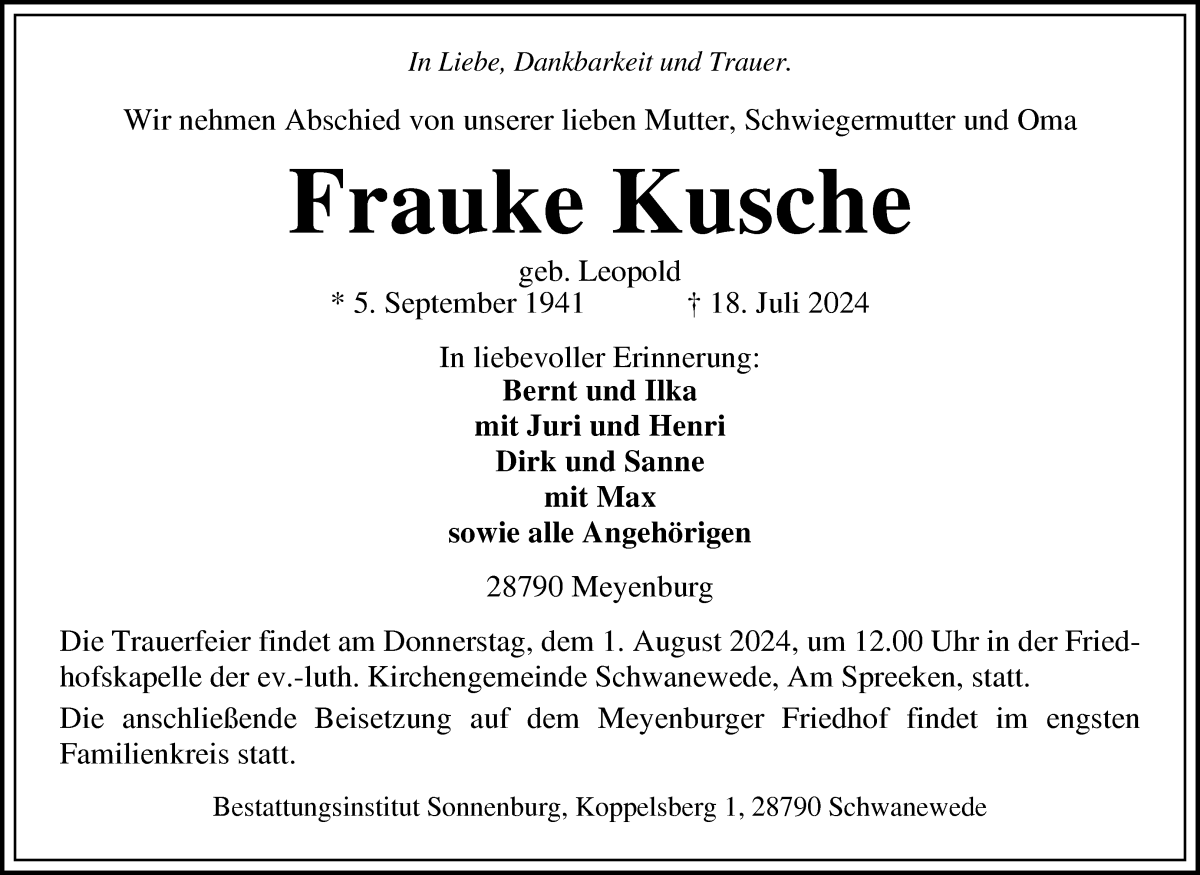 Traueranzeige von Frauke Kusche von Die Norddeutsche