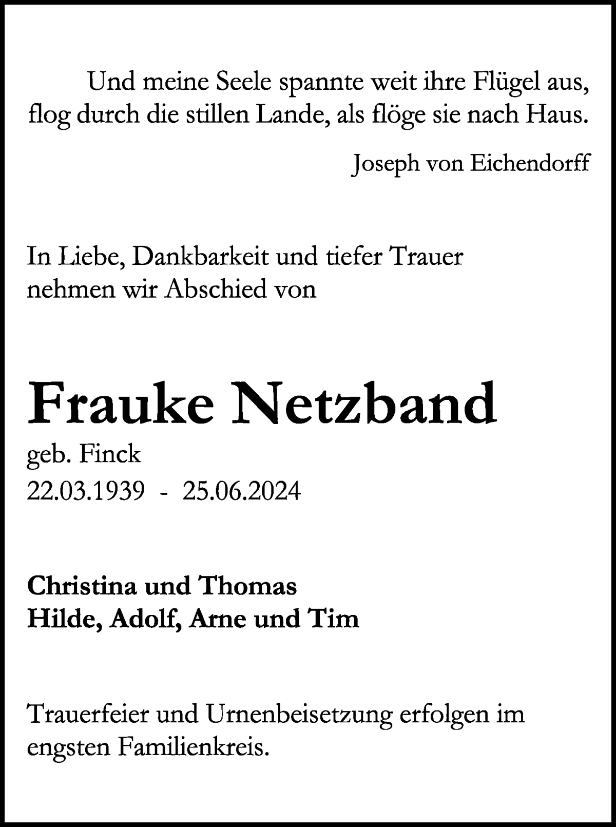 Traueranzeige von Frauke Netzband von WESER-KURIER