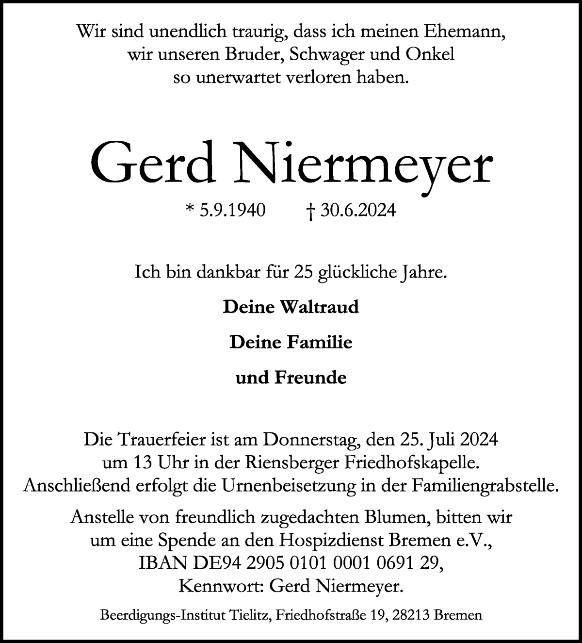 Traueranzeige von Gerd Niermeyer von WESER-KURIER