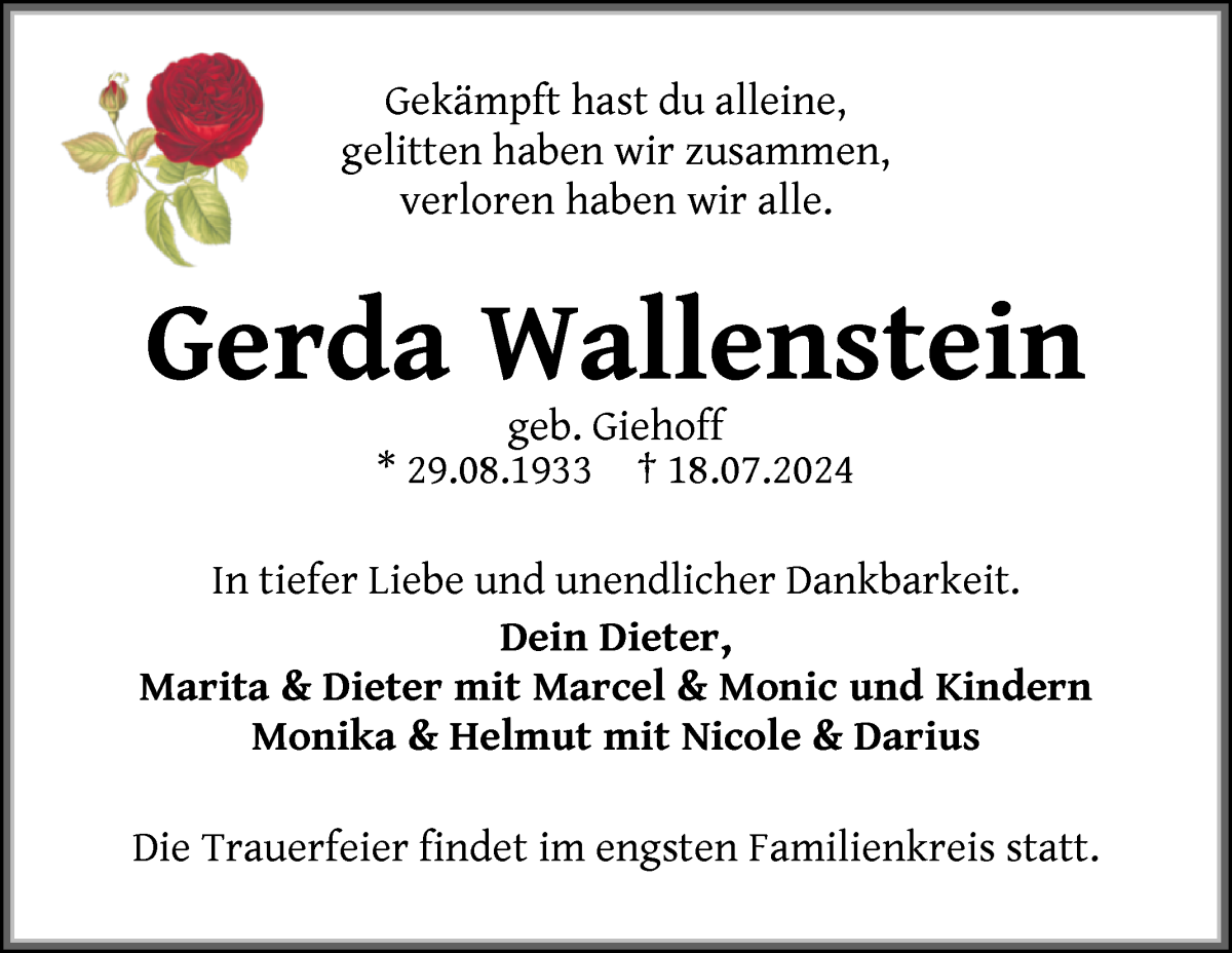 Traueranzeige von Gerda Wallenstein von WESER-KURIER