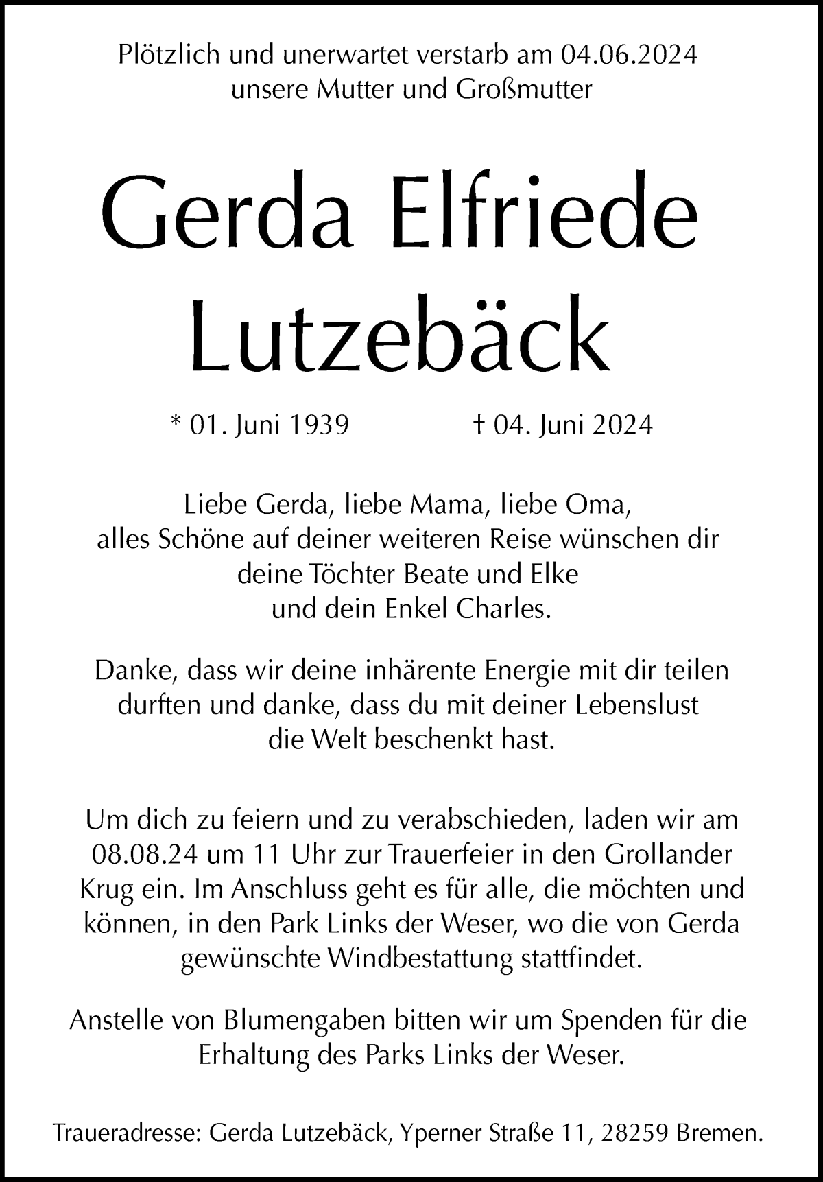 Traueranzeige von Gerda Elfriede Lutzebäck von WESER-KURIER