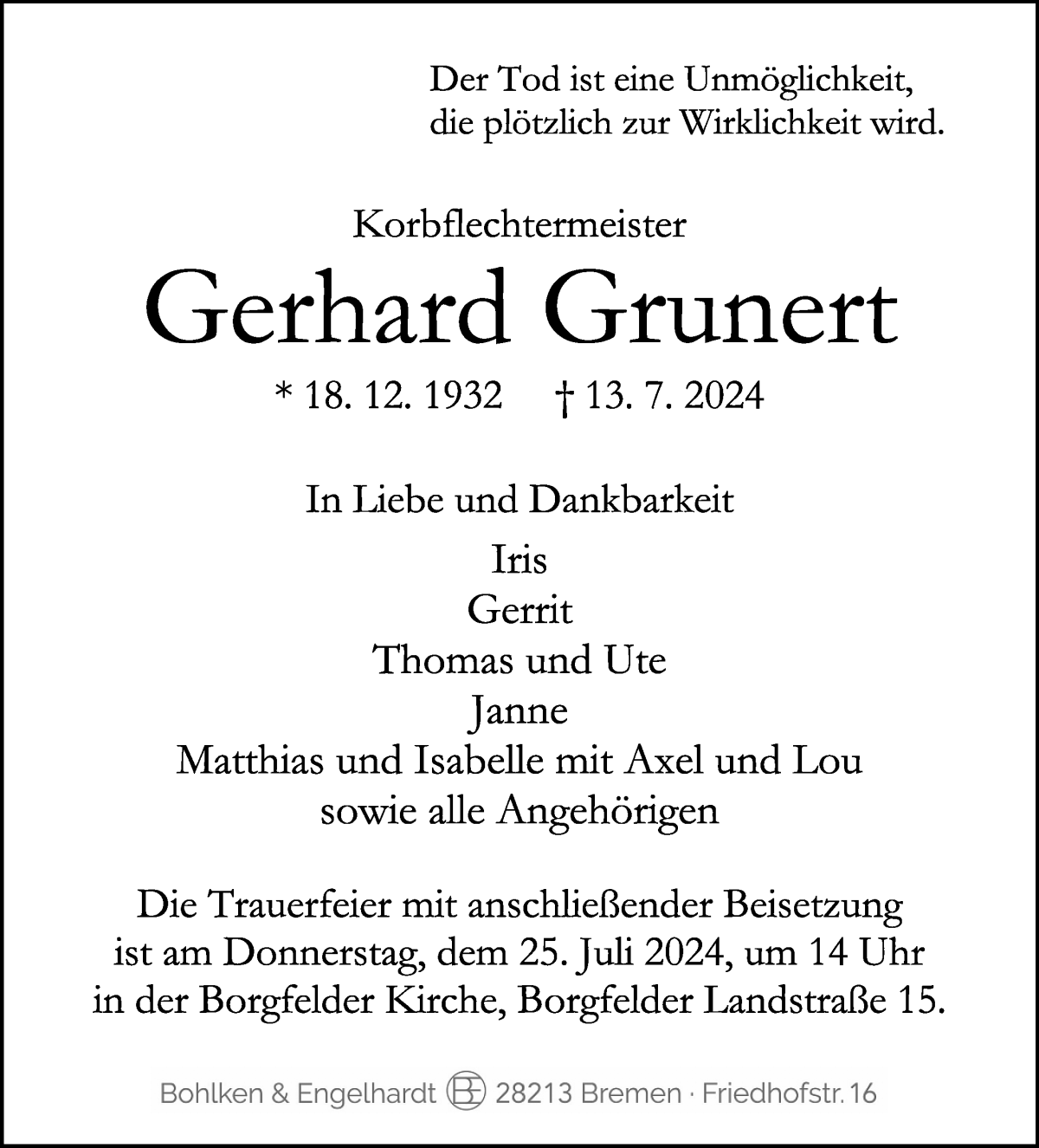 Traueranzeige von Gerhard Grunert von WESER-KURIER