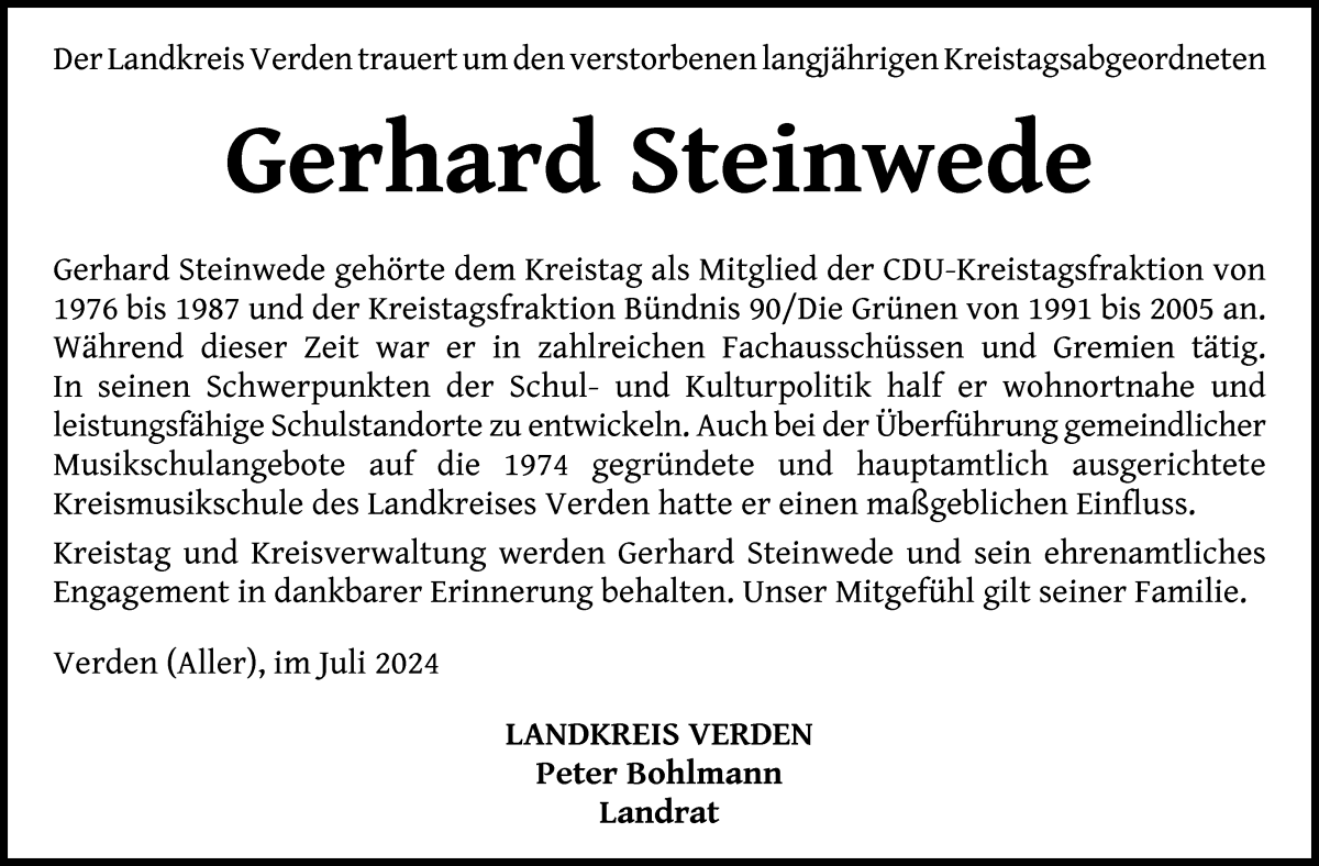 Traueranzeige von Gerhard Steinwede von Achimer Kurier/Verdener Nachrichten