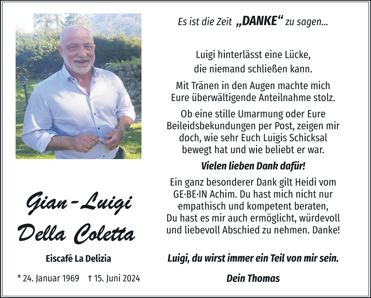 Traueranzeige von Gian-Luigi Della Coletta von Achimer Kurier/Verdener Nachrichten