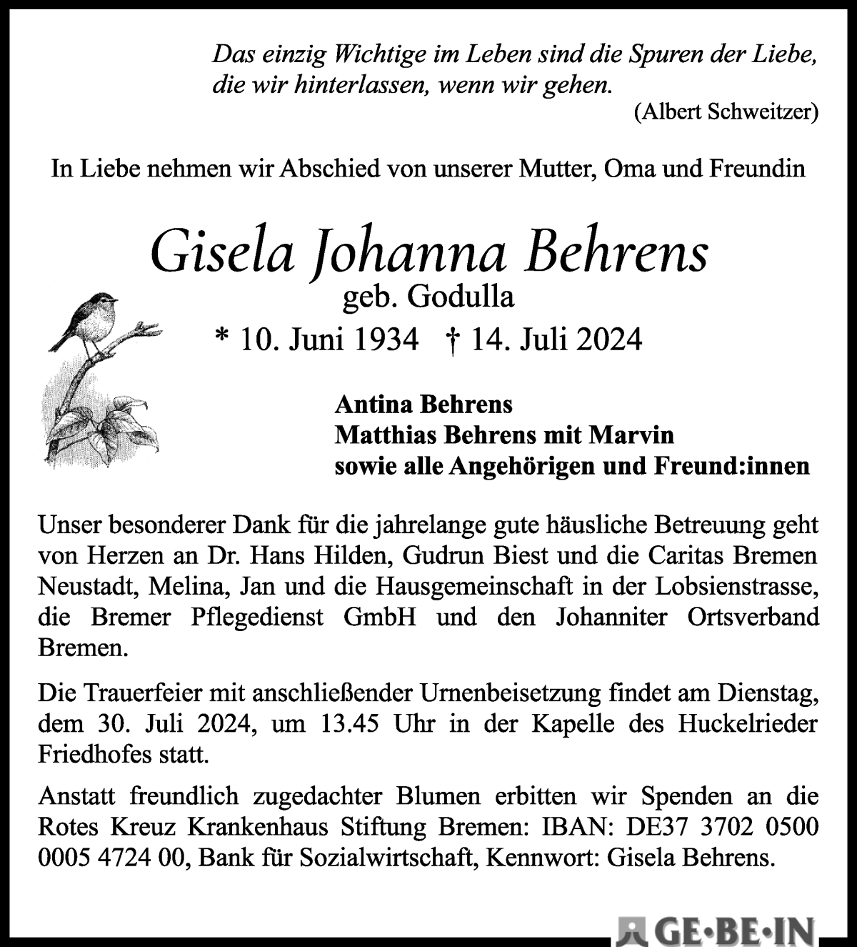 Traueranzeige von Gisela Johanna Behrens von WESER-KURIER