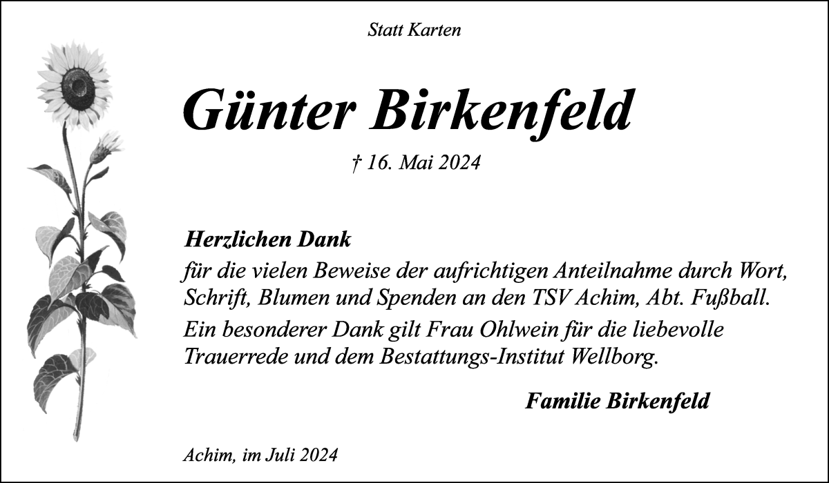 Traueranzeige von Günter Birkenfeld von Achimer Kurier/Verdener Nachrichten