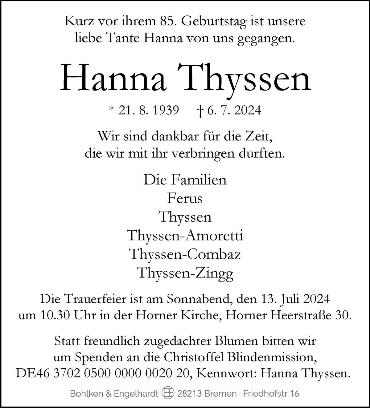 Traueranzeige von Hanna Thyssen von WESER-KURIER
