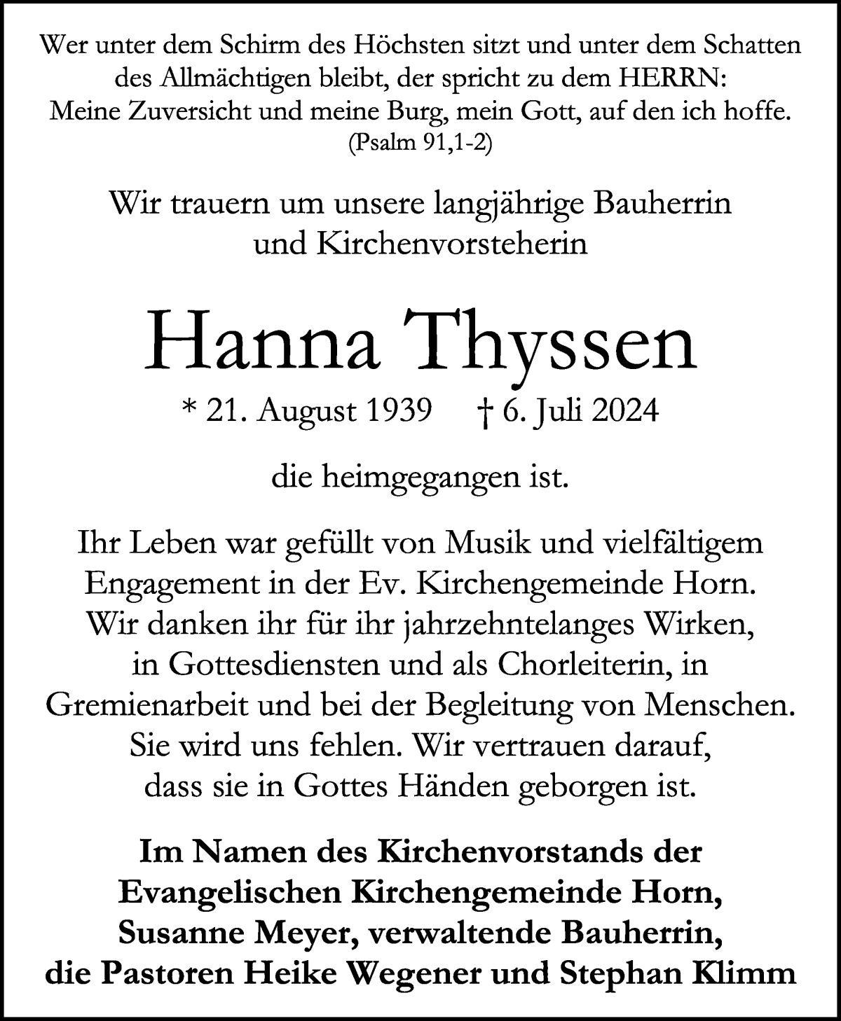 Traueranzeige von Hanna Thyssen von WESER-KURIER